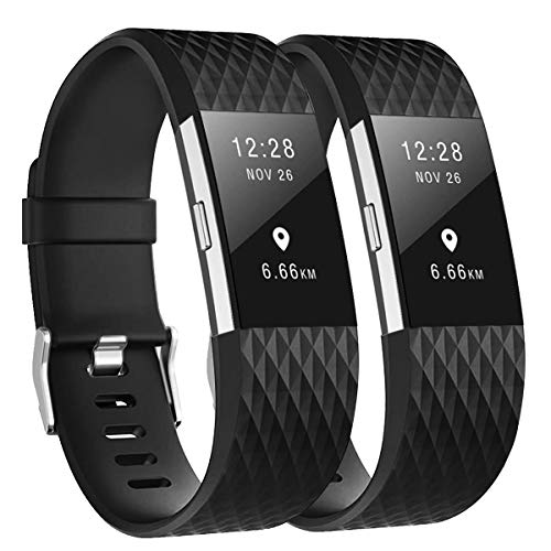 Book Cover Fundro Replacement Bands Compatible with Fitbit Charge 2, 2 Pack Classic & Special Edition Adjustable Sport Wristbands(#B Black/Black, Small (5.5