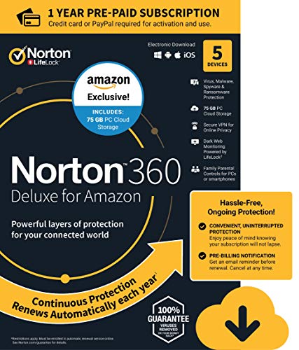 Book Cover EXCLUSIVE Norton 360 Deluxe - Antivirus software for 5 Devices with Auto Renewal - Includes 75GB PC Cloud Backup, VPN & Dark Web Monitoring powered by LifeLock