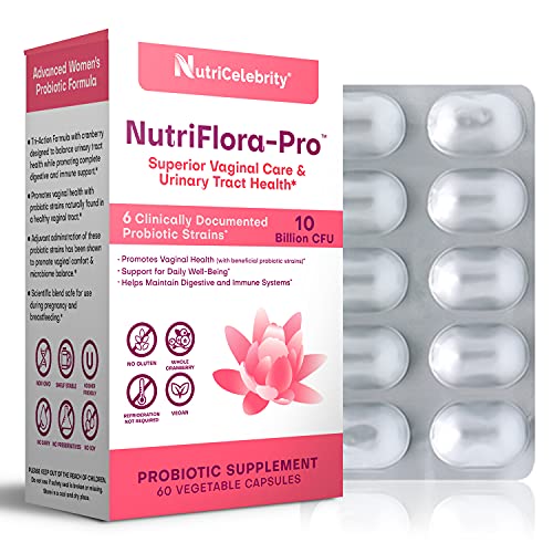 Book Cover NutriCelebrity NutriFlora-Pro Probiotics for Women - Cranberry Supplement, Supports Vaginal & Urinary Tract Health, Digestive & Immune System Support, 10 Billion CFU Guaranteed, 6 Strains, (60 Caps)