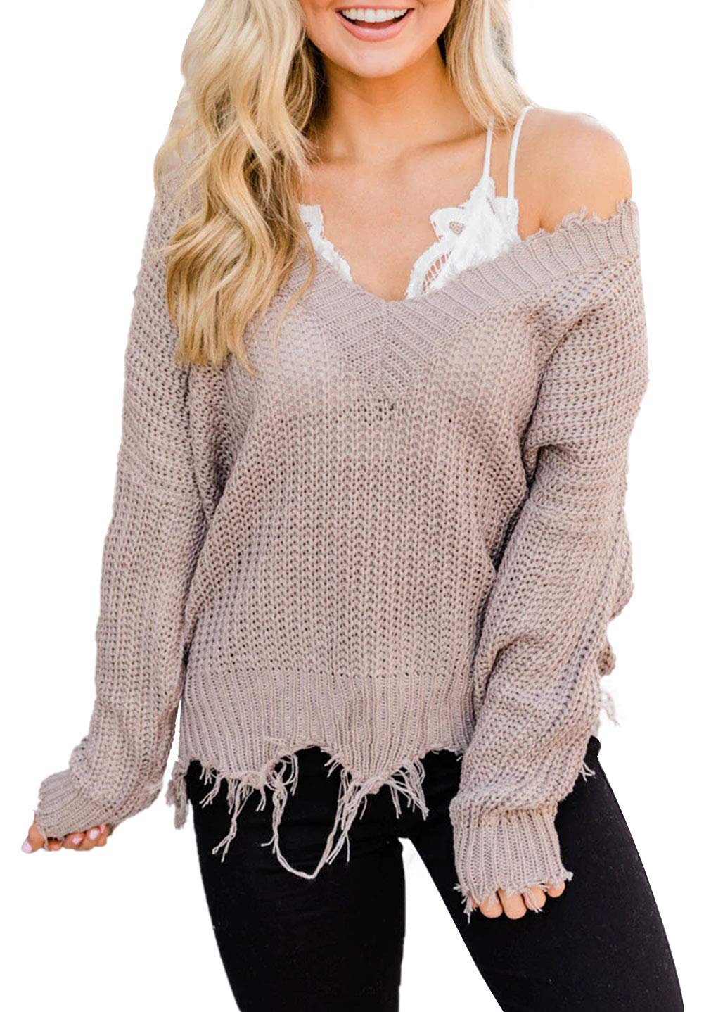 Book Cover LEANI Women's Loose Knitted Sweater Long Sleeve V-Neck Ripped Pullover Sweaters Crop Top Knit Jumper A-khaki Small