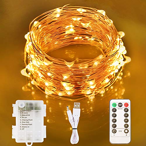 Book Cover Aluan Fairy Lights 100 LED 33 FT Copper Wire Christmas Lights USB & Battery Powered Waterproof LED String Lights with 8 Modes for Indoor Outdoor Bedroom Wedding Party Patio Decor, Warm White