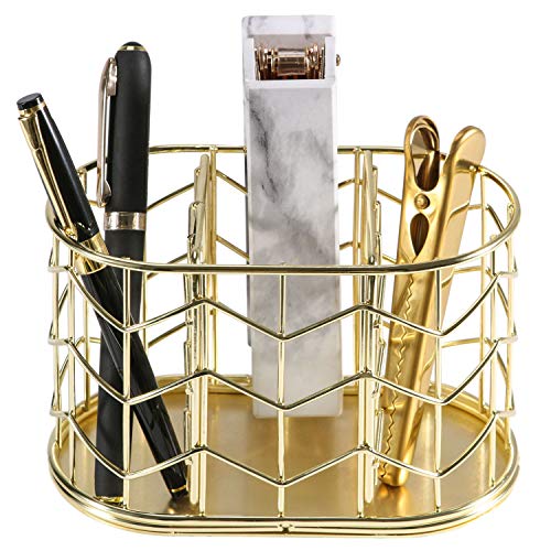 Book Cover Pen Holder, Nugorise 3 Compartment Metal Pencil Holder, Decorative Desk Storage Organizer Container for Stationery and Desk Accessories, Gold