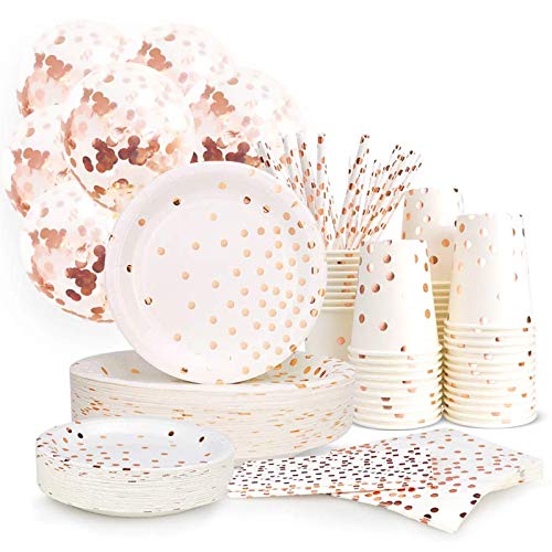Book Cover 300PCS Rose Gold Paper Party Supplies - Disposable Paper Plates Dinnerware Set Rose Gold Dots 50 Dinner Plates 50 Dessert Plates 50 Cups 50 Napkins 50 Straws 50 Balloons Birthday Party Wedding Holiday