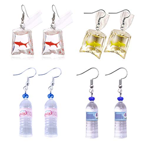 Book Cover PPX 4 Pairs Funny Acrylic Goldfish and Water Bottle Pendant Earrings, Water Bag Shape Dangle Hook Earrings for Girls Women Bohemian Creative Unique