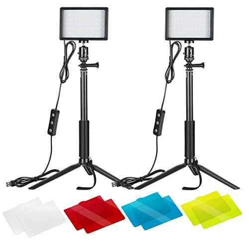Book Cover Neewer 2 Packs Dimmable 5600K USB LED Video Light with Adjustable Tripod Stand/Color Filters for Tabletop/Low Angle Shooting, Colorful LED Lighting, Product Portrait YouTube Video Photography