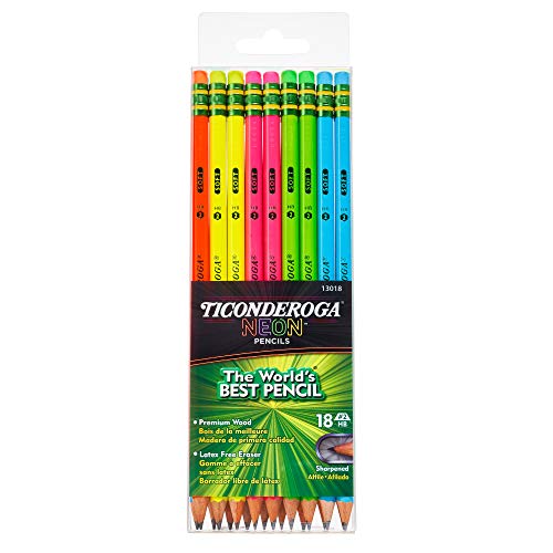 Book Cover Ticonderoga Wood-Cased Pencils, Pre-Sharpened, 2 HB Soft, Neon Colors, 18 Count
