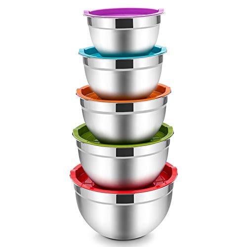 Book Cover Mixing Bowls with Lids Set of 5, E-far Stainless Steel Mixing Bowls Metal Nesting Bowls, Airtight Lids & Scale Marks, Healthy & Easy Clean, Great for Cooking, Baking, Serving - Size 1.5/2.5/3/4/5 QT