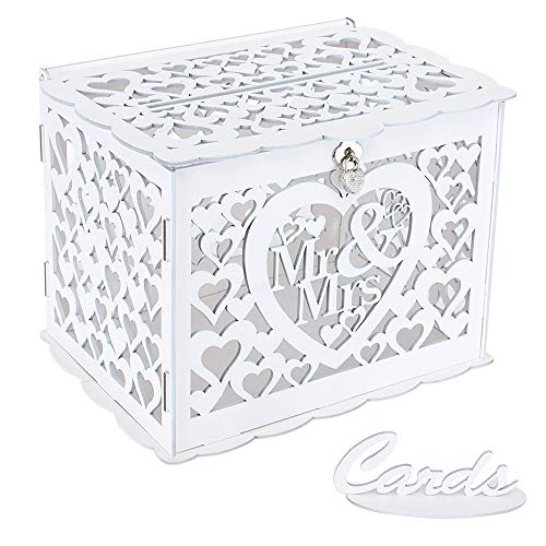 Book Cover Ywlake Wedding Money Box Holder with Sign, Large Rustic Wood Wooden DIY Envelop Gift Card Boxes with Lock Slot for Reception Anniversary Graduation Birthday Party Parties (Mr & Mrs, White)