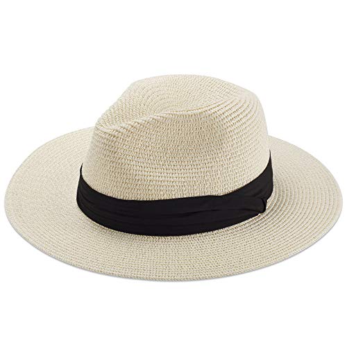Book Cover ChengXin Women Straw Hat Panama Fedoras Beach Sun Hats Summer Cool Wide Brim UPF50+, Beige B, One Size
