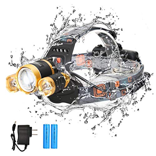 Book Cover LED Headlamp Flashlight Rechargeable, Bright Cree Rotatable Waterproof LED Flashlight With 4 Modes Light Zoomable Head Lights for Hardhat, Camping, Running, Hiking, Indoor or Outdoor -Gold
