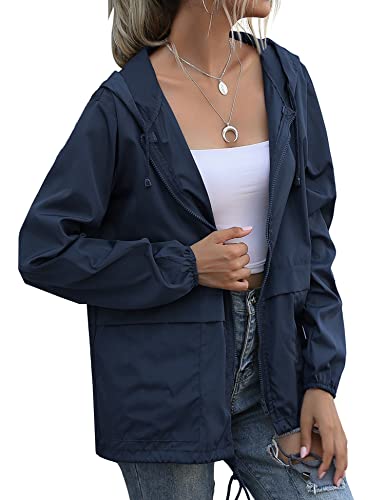 Book Cover Besshopie Lightweight Waterproof Raincoat, Women Packable Hooded Raincoat Windbreaker Jacket with Pockets S Navy Blue