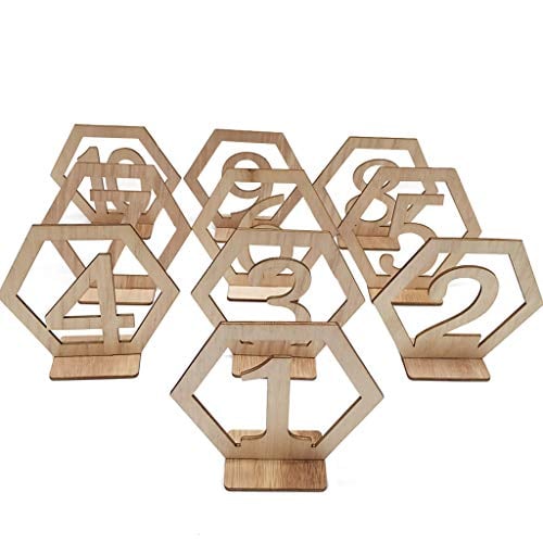 Book Cover IronBuddy Wood Wedding Table Numbers 1-10 Hexagonal Wooden Numbers with Holder Base for Party Wedding Table Decoration, Pack of 10 (1-10)