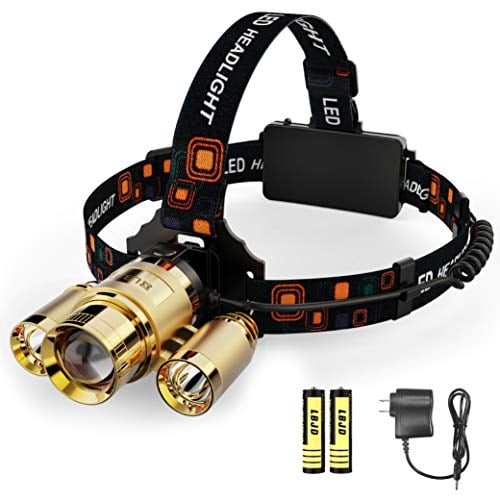 Book Cover LED Headlamp Bright Rechargeable Head lamp with 6000 Lumen, 3 LED Head, Full Metal Jacket, 4 Light Mode, Zoomable, Perfect for Camping, Hiking, Garage, 2 Rechargeable Batteries Included