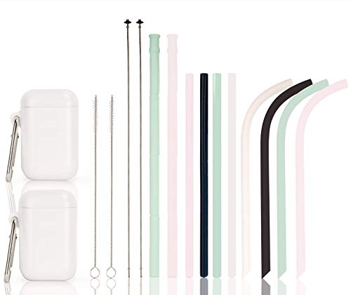 Book Cover Reusable Silicone Drinking Straws Set, VIBIRIT 10 PCS Collapsible Travel Straws Extra Long Smooth Drinking Straws for 30oz and 20 oz Tumblers Portable Straw with Carry Case and Cleaning Brush