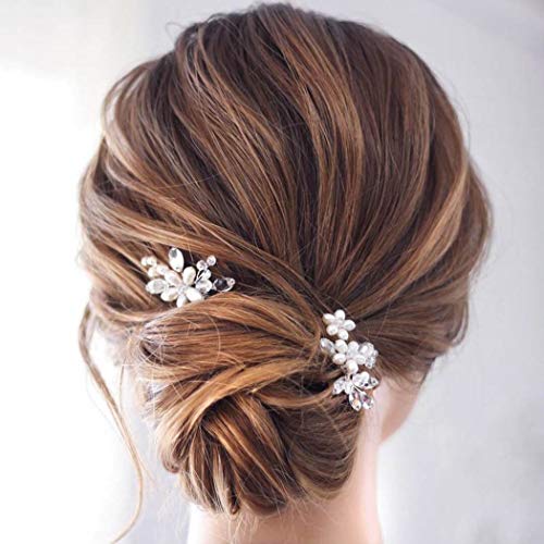 Book Cover Catery Flower Wedding Bride Hair Pins Pearl Bridal Hair Pieces Crystal Hair Clips Silver Hair Accessories for Women Pack of 2 (Silver)