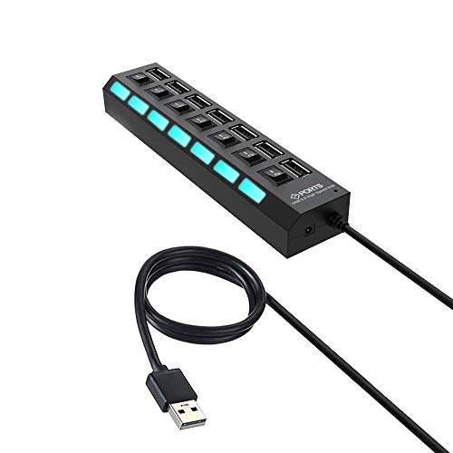 Book Cover 7-Ports USB 2.0 Hub High Speed ON/Off Individual Switch with LEDs Power Switches USB Hub