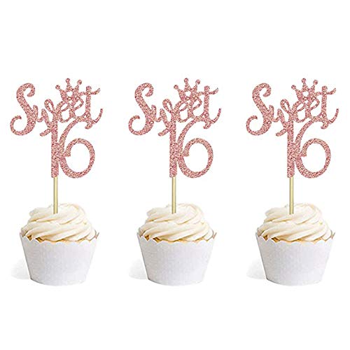 Book Cover 36 PCS Rose Gold Glitter Sweet 16 Cupcake Toppers 16th Birthday Cupcake Picks Anniversary Party Decorations