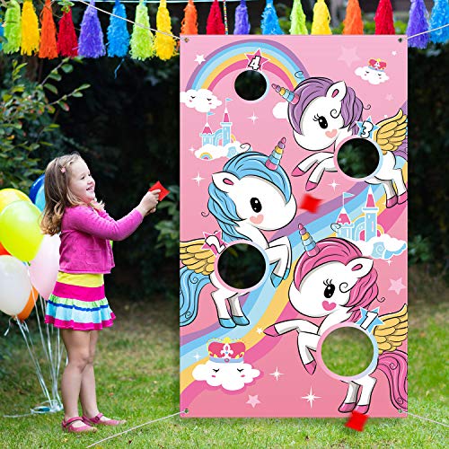 Book Cover Unicorn Toss Game with 3 Nylon Bean Bags for Children Adult Unicorn Theme Party Decorations and Supplies