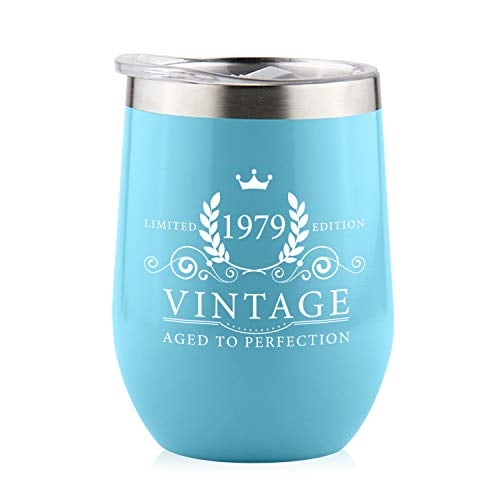 Book Cover 1979 40th Birthday Gifts for Women Men - Splash Proof 12 oz Stainless Steel Wine Tumbler | Funny Gift Ideas for Her Wife Mom Grandma Him Dad | Insulated Wine Glass for Party Decorations (Blue, 1979)