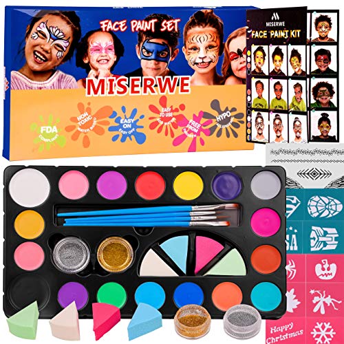 Book Cover Miserwe Face Paint Kit-18 Colors,40 Stencils,1 Silver Sticker,2 Glitter Powder,4 Brushes, 4 Sponge Kit Professional Safe Non-Toxic Washable Body & Face Paint for Kids Adult