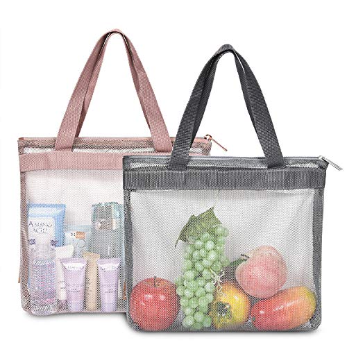 Book Cover LOKASS Reusable Mesh Produce Bags Nylon Reusable Grocery Bags Small Mesh Beach Bags Durable Shower Caddies Breathable Seashell Bags for Beach for Beach Travel (Set of 2 pcs Rose Gold,Grey)