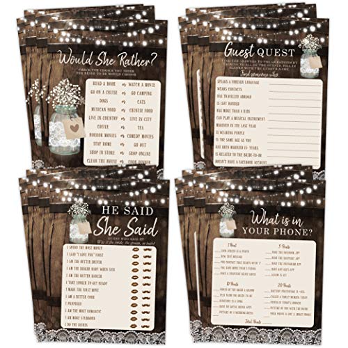 Book Cover Bridal Shower Bachelorette Games, Rustic Wood Barrel Mason Jar, He Said She Said, Find The Guest Quest, Would She Rather, Phone Game, 25 games each