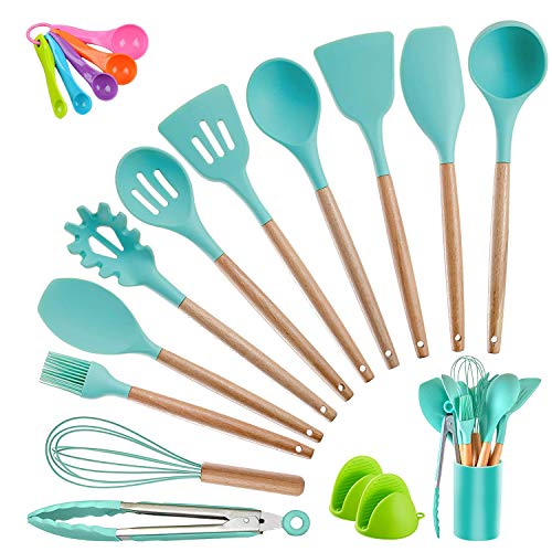 Book Cover Kitchen Utensil Set Silicone Cooking Utensils, CROSDE 19pcs Kitchen Utensils Set Tools Wooden Handle Spoons Spatula Set Cookware Turner Tongs Kitchen Gadgets with Holder - Teal