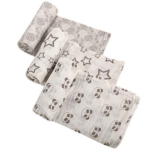 Book Cover QXJ Muslin Swaddle Blankets - Soft & Silky Bamboo Muslin Receiving Blanket for Boys Girls,3 Pack Large 47x47 Inches