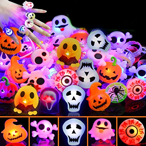 Book Cover 50 Pcs Halloween LED Glow Ring,Light Up Toys Glow in the Dark Birthday Halloween Party Favors Decorations Supplies for Kid/Adults Flash Finger Rubber Rings 8 Shape Ghost Pumpkin Skeleton Spider Bat