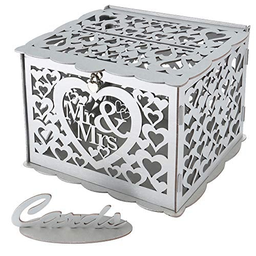 Book Cover Artmag Wedding Money Box Holder with Sign, Large Rustic Wood Wooden DIY Envelop Gift Card Boxes with Lock Slot for Reception Anniversary Graduation Birthday Parties Baby Shower (Mr & Mrs, Silver)