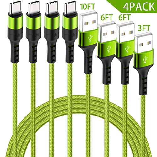 Book Cover HaoKande 4Pack(10ft 6ft 6ft 3ft) USB Type C Nylon Braided Long Cable Fast Charger Compatible for Samsung Galaxy S10 9 8 Plus Note 9 8,LG G7 6 5 V20 30,Nintendo Switch,GoPro Hero (Dark Green)