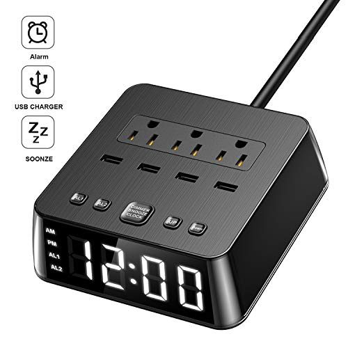 Book Cover Yostyle Alarm Clock Charger w/4 Surge Protector USB Ports & 3 AC Outlets, 6ft Cord Power Strip Station for Hotel Home,UL Tested (Dual Alarm,4 Dimmer Brightness,Snooze,ON/Off Switch,Battery Backup)