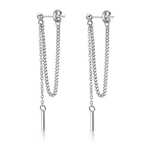 Book Cover SLUYNZ 925 Sterling Silver Bar Dangle Earrings for Women Teen Girls Threader Earrings Chain