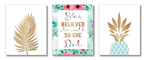 Book Cover Brooke & Vine - She Believed She Could So She Did, (UNFRAMED 8 x 10), Inspirational Teen Girl Room Wall Decor Art Prints - Inspirational Woman Office Wall Art, Motivational Quotes Posters for Kids, Tween Bedroom, Dorm, Desk- Gold Pineapple