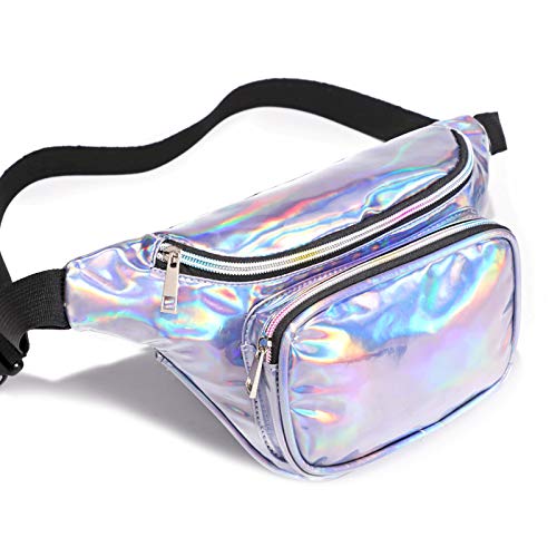 Book Cover Holographic Fanny Pack, Veckle Waist Bag Neon Iridescent Fanny Pack for Women, Silver