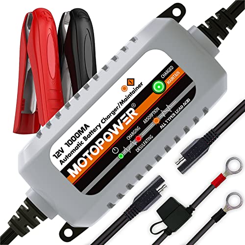 Book Cover MOTOPOWER MP00205B 12V 1000mA Automatic Battery Charger, Battery Maintainer, Trickle Charger, and Battery Desulfator with Timer Protection - Grey
