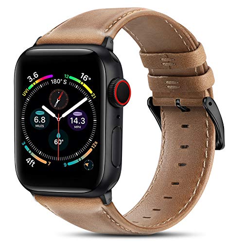 Book Cover BRG Leather Bands Compatible with Apple Watch Band 44mm 42mm 40mm 38mm, Men Women Replacement Genuine Leather Strap for iWatch SE Series 6 5 4 3 2 1, Brown Band/Black Adapter, 44mm 42mm