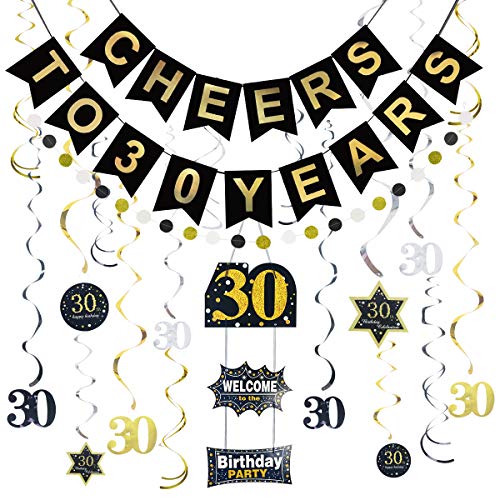 Book Cover Litaus 30th Birthday Decorations for Women or Men, Cheers to 30 Years Banner, Hanging Swirls, Birthday Door Sign, Paper Garland for 30th Birthday Party, Wedding Anniversary, Party Decorations