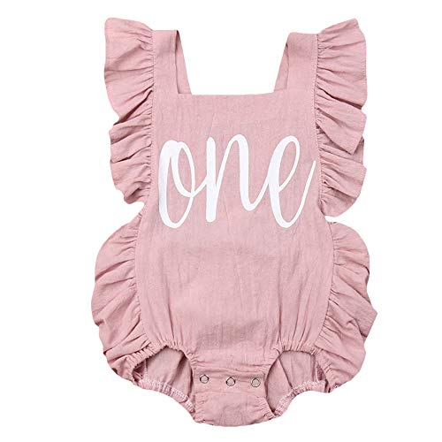 Book Cover Puloru Newborn Baby Girl First Birthday Outfit Ruffle One Print Backless Jumpsuit Bodysuit (A Pink, 6-12 Months)