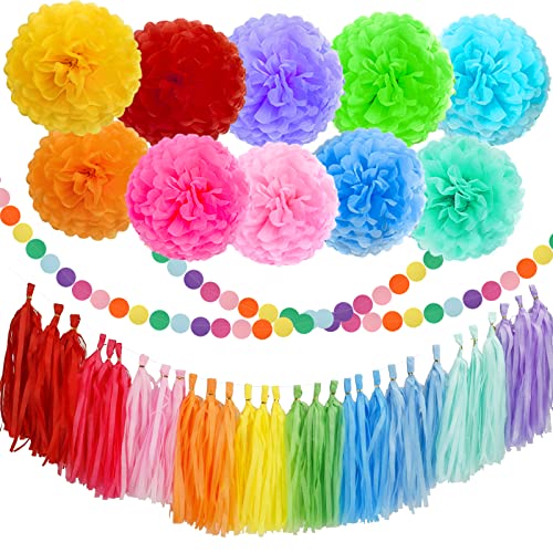 Book Cover ZJHAI Rainbow Decorations for Party, Rainbow Birthday Party Decorations Set Includes 10pcs Tissue Paper Flowers, 50pcs Colorful Paper Tassels, and One Hanging Circle Dots Banner
