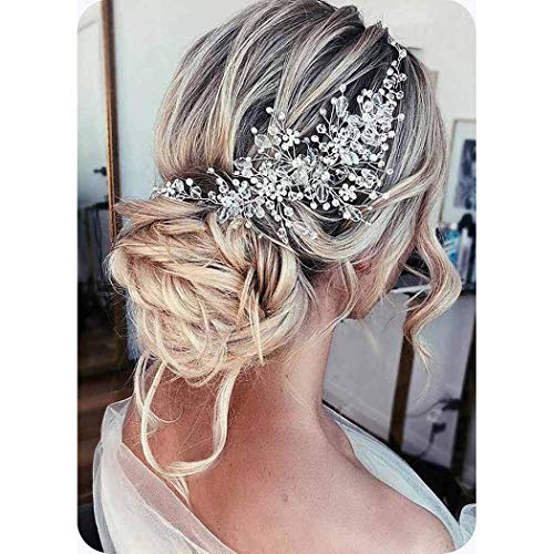 Book Cover Catery Flower Bride Wedding Headband Silver Crystal Pearl Hair Vine Braid Headpiece Bridal Hair Accessories for Women (Silver)