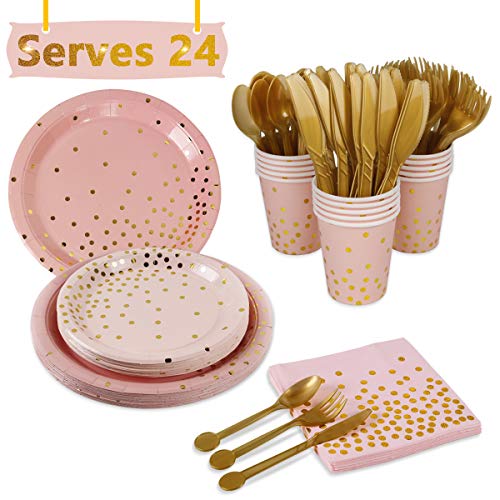 Book Cover Pink Gold Party Supplies Disposable Tableware - Paper Dinnerware, Paper Plates, Cutlery, Napkins, Cups, Cutlery (Spoons, Forks, Knives) for Wedding, Girl birthday party, Baby Shower, Serves 24