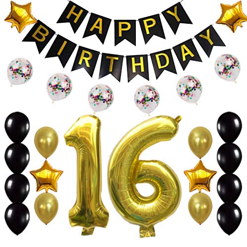Book Cover 16th Birthday Decorations Party Supplies Happy 16th Birthday Confetti Balloons Banner and 16 Number Sets for 16 Years Old Party(Gold)