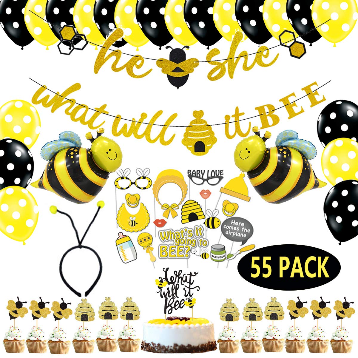 Book Cover What Will It Bee Gender Reveal Party Supplies, Bumble Bee Gender Reveal Decorations for Baby Shower, Bumble Bee Banner Balloon Honeycomb Bee Cake Toppers Bee Headband for Baby Reveal Party