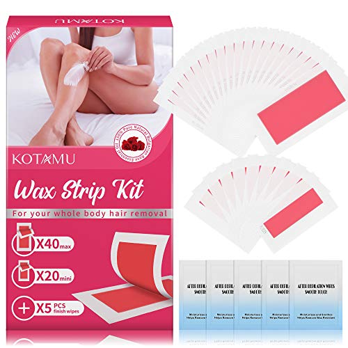 Book Cover Body Wax Strips, KOTAMU Hair Removal Waxing Strips for Face Legs Underarms Brazilian Bikini Women with 60 Count Cold Wax Strips & 5 Post Cleaning Wipes