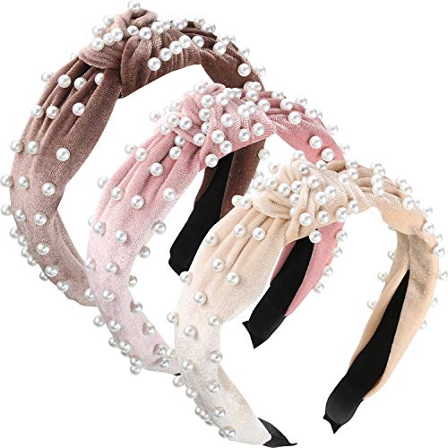 Book Cover 3 Pieces Pearls Headband Wide Hair Hoop Velvet Pearls Headband Vintage Twisted Headwear for Girl Woman Hair Accessories (Beige, Pink, Pale Mauve)