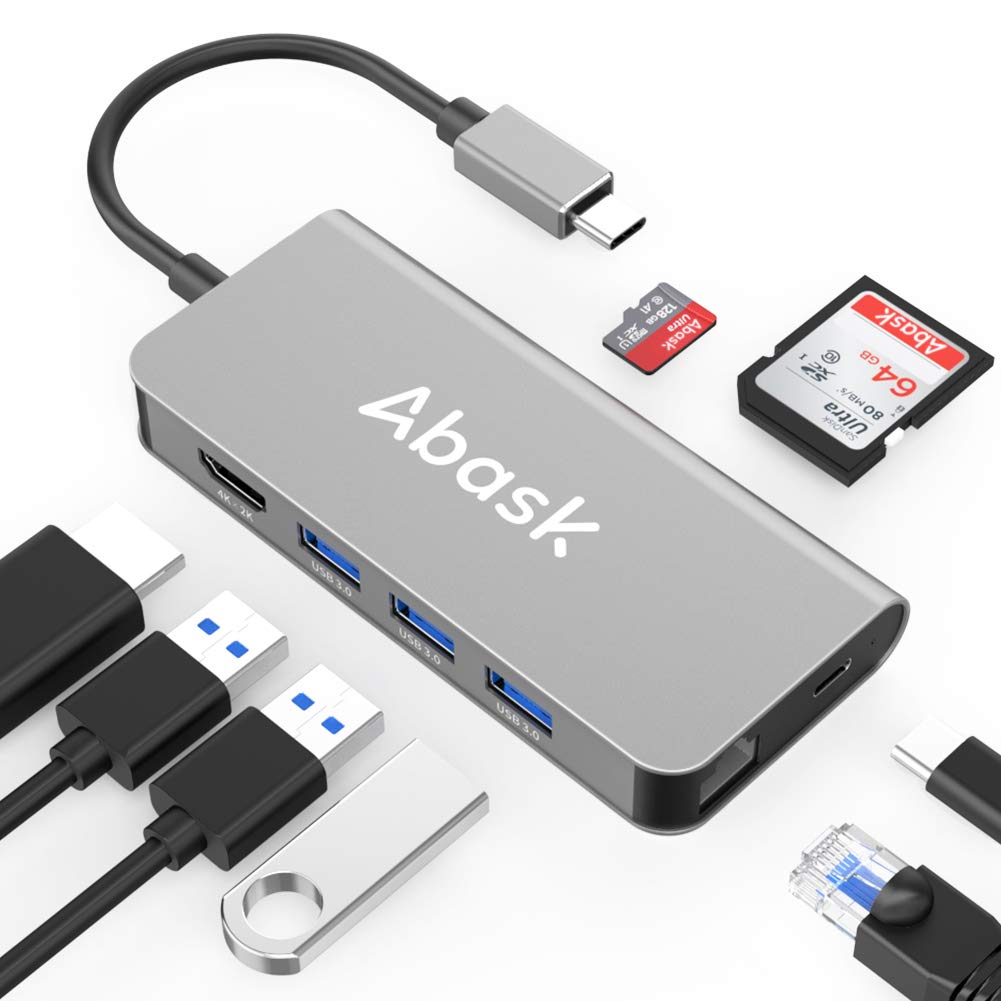 Book Cover USB C Hub, ABASK 8 in 1 USB C Hub Multiport Adapter with 4K HDMI, 3 USB 3.0, SD/TF Card Reader, Ethernet Port, 100W PD Compatible with MacBook Pro dell and Other Type C Devices(Grey)
