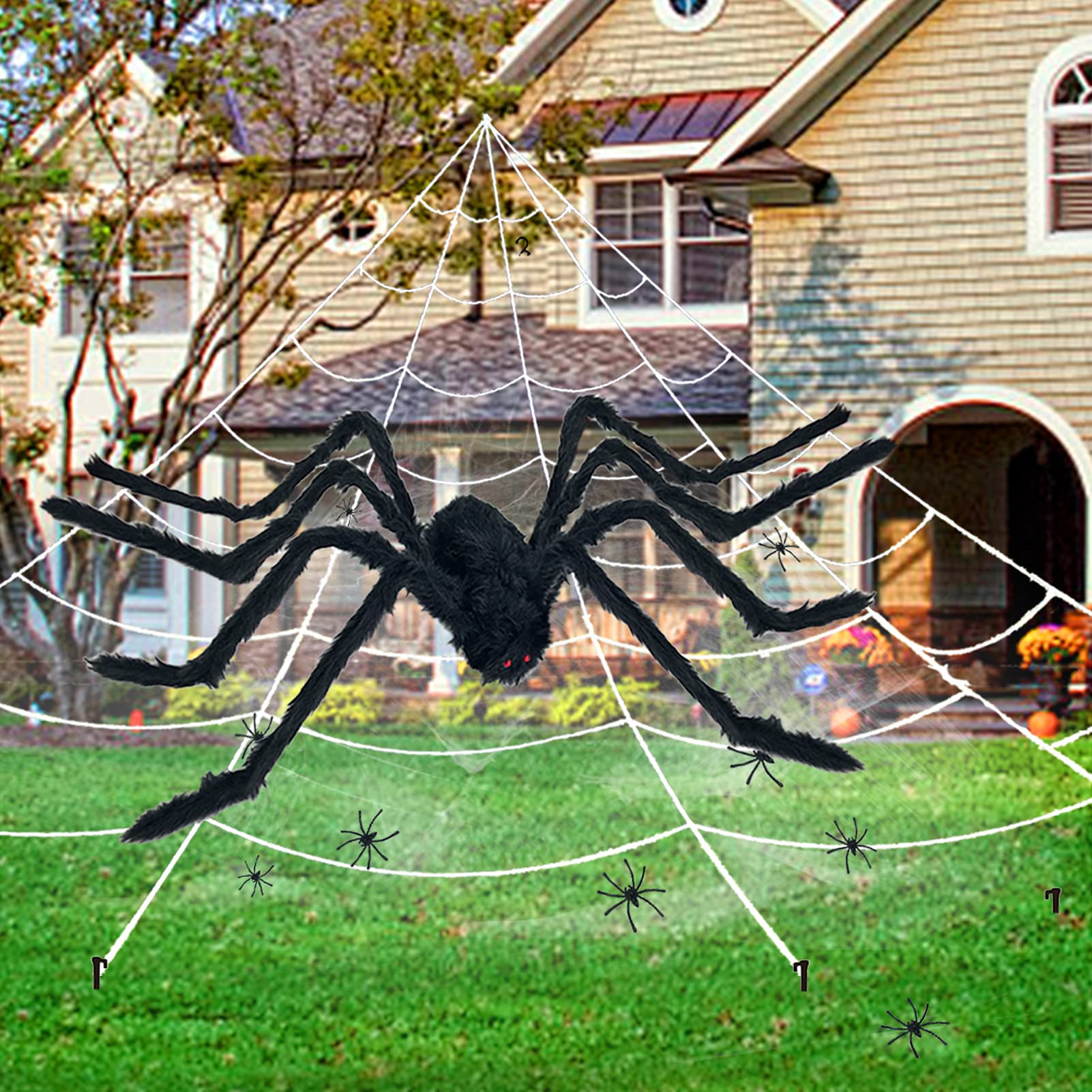 Book Cover UNGLINGA Giant Yard Halloween Decorations Outdoor Spider Web with 50inch Big Spider and Stretch Cobweb Set Party Outside Decor Favor Triangular Mega Web 16 x 17 ft