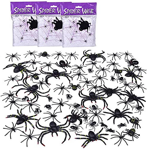 Book Cover FUN LITTLE TOYS 69PCS Scary Plastic Fake Black Spiders Bulk with 3Pack Spider Web Halloween Decoration Outdoor, Reusable Realistic Netting Cobwebs for Indoor Wall Window Ceiling Desk Curtains Decor