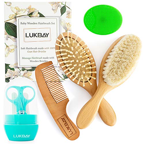 Book Cover Toddler Hair Brush Comb Set-Complete Kit Baby Products Wooden Soft Bristle Brush Wooden Comb Baby Cradle Cap Silicone Brush Bath Boy Girl Grooming Kit Ideal for Newborn Babies Infant Baby Shower Kids